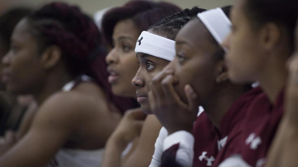 South Carolina’s Khadijah Sessions (center) watches from the bench during the Gamecocks’ win over East Carolina on Sunday at the Myrtle Beach Convention Center.