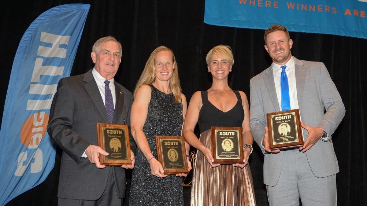 Big South Conference Hall of Fame inductees are (from left) Tom Hickman, Anne Fontaine, Brooke Weisbrod and Collin Drafts. Weisbrod is a former Coastal Carolina women’s basketball player.