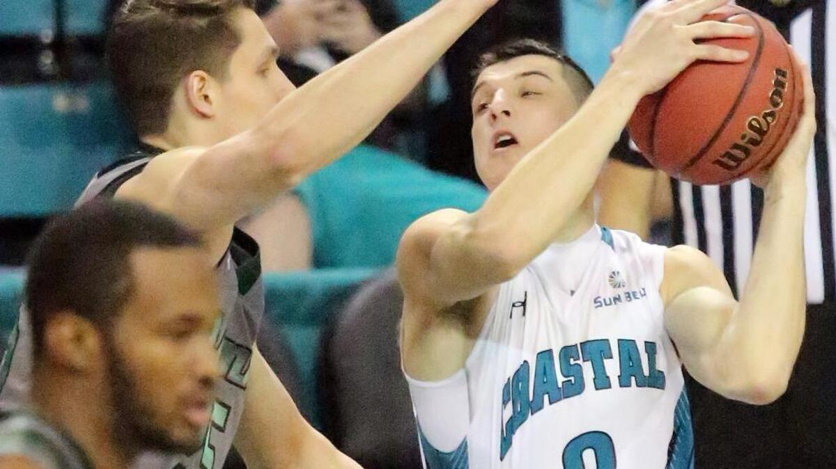 Artur Labinowicz (2) was one of five Coastal Carolina players who scored 10 or more points in a win over Iona on Sunday in the Island of the Bahamas Showcase.