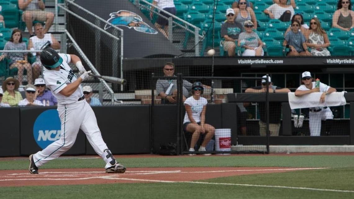 Seth Lancaster, pictured earlier this season, gave Coastal Carolina a one-run lead in the eighth inning Tuesday night with a two-run double before Clemson pulled ahead in the bottom of the eighth for an 11-8 win.