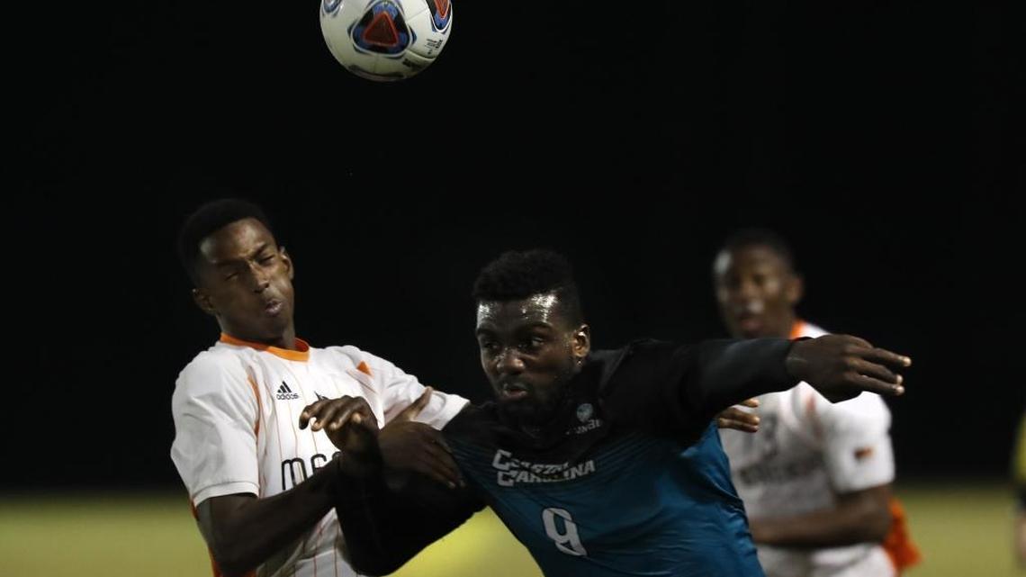 Coastal Carolina senior forward Frantzdy Pierrot (9), pictured in a win over Mercer in the first round Thursday, recorded a goal and an assist Sunday in the Chants’ upset win over Clemson in the second round of the NCAA Men’s Soccer Tournament.