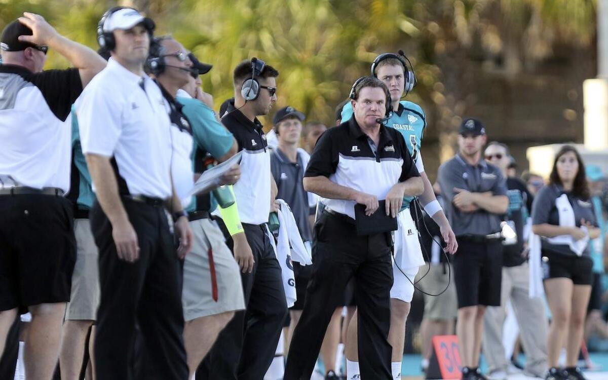 
Coastal Carolina coach Joe Moglia looks on during last week’s win over Western Illinois.
