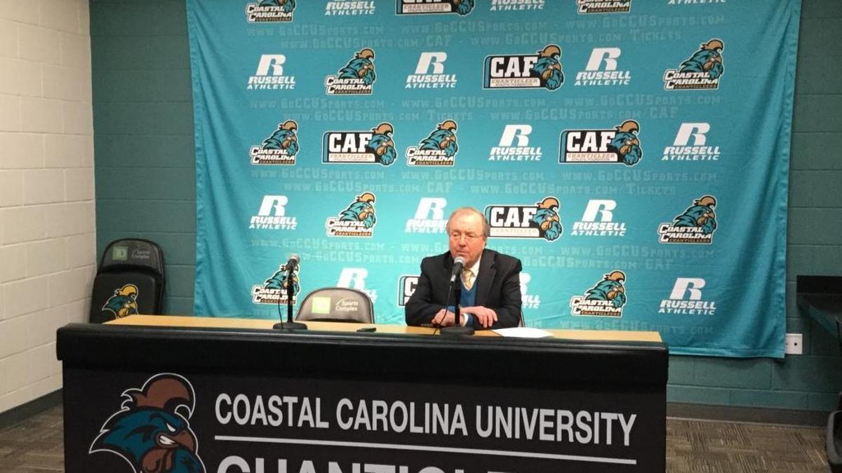 Coastal Carolina coach Cliff Ellis answers questions at a press conference following Saturday’s game against Gardner-Webb.
