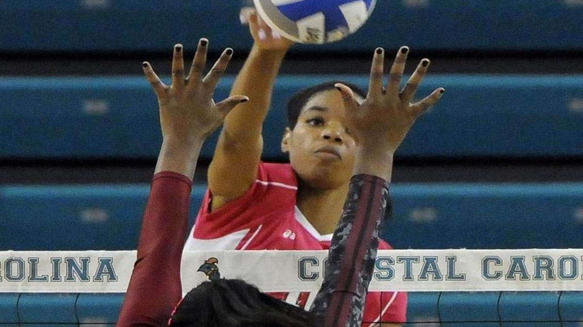 Coastal Carolina’s Leah Hardeman (facing) was voted 2016 Sun Belt Preseason Co-Offensive Players of the Year along with Arkansas State’s Carlisa May.