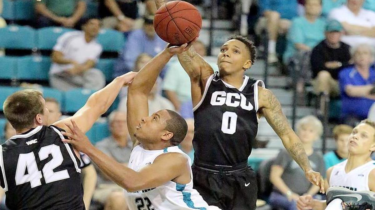 Coastal Carolina’s Elijah Wilson takes an off-balance shot in the Chanticleers’ game with Grand Canyon University on Wednesday.