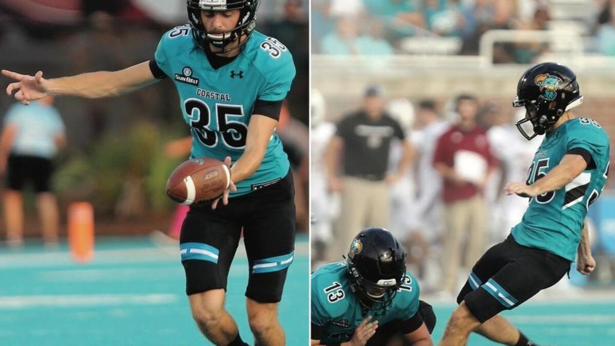 Coastal Carolina junior Evan Rabon has 42 points this year as a right-footed kicker and is averaging 43.8 yards per punt as a left-footed punter.
