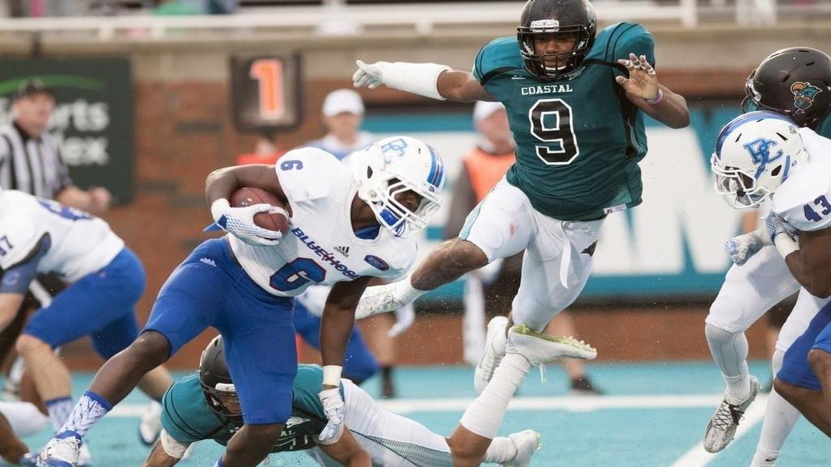 Coastal Carolina senior linebacker Shane Johnson, pictured against Presbyterian last October, is questionable to play against Western Illinois at Brooks Stadium on Saturday.