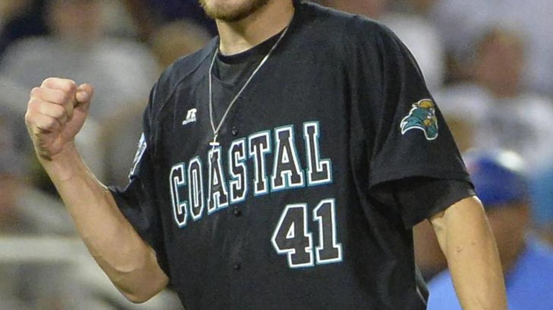 Former Coastal Carolina pitcher Andrew Beckwith celebrates a win over Florida during the 2016 College World Series. Beckwith was drafted by the Kansas City Royals on Wednesday.