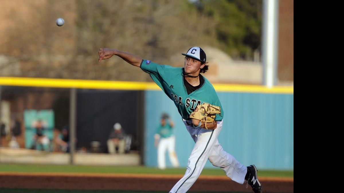 
Coastal Carolina pitcher Bobby Holmes throws during their game with North Carolina at Springs Brooks Stadium.
