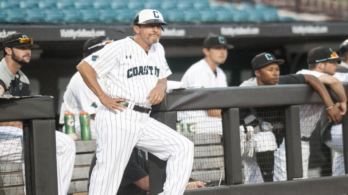 Coastal Carolina baseball coach Gary Gilmore looks on during a recent Chanticleers game.
