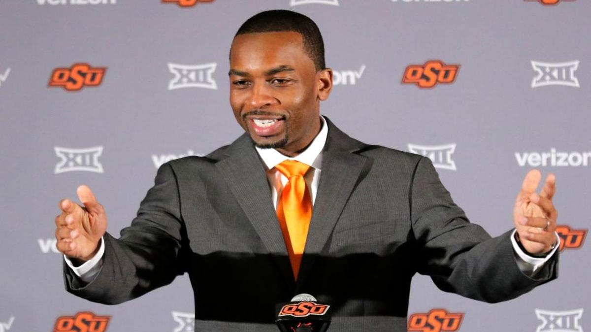 New Oklahoma State head basketball coach Mike Boynton talks to members of the media during a press conference Monday.