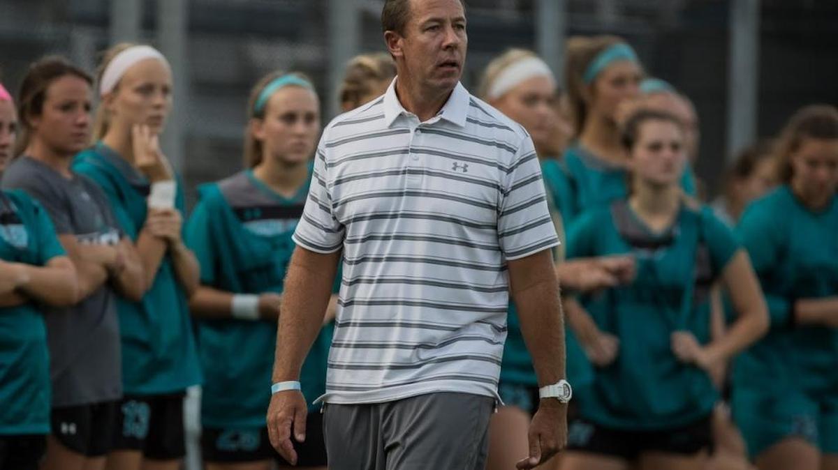 Coastal Carolina women’s soccer coach Paul Hogan walks the sideline during the Chants’ game against Duke earlier this season.