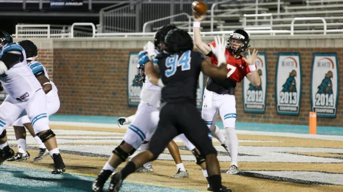 Coastal Carolina quarterback Kilton Anderson throws a pass in Coastal’s Spring Game at Brooks Stadium on April 6, 2018 in Conway.