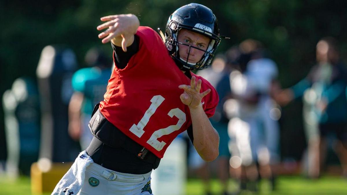 Coastal Carolina freshman quarterback Bryce Carpenter throws a pass during CCU football practice Wednesday morning at Coastal Carolina University. Carpenter, who attended Venice High School in Venice, Fla., was named Florida’s Mr. Football after throwing for 3,053 yards and 42 touchdowns and rushing for 1,274 yards and 22 TDs as a senior.