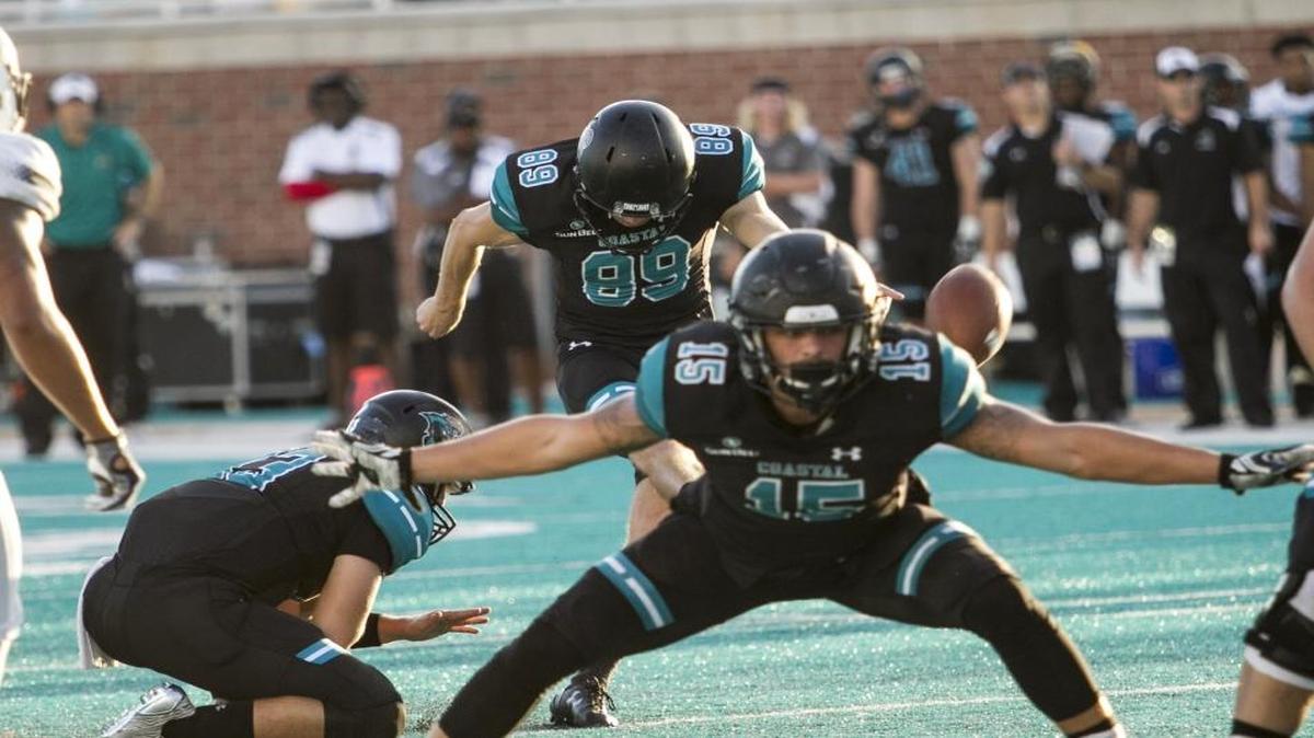 Coastal Carolina senior Ryan Granger kicks an extra point during CCU’s double overtime loss to Charleston Southern at Brooks Stadium on Oct. 1.