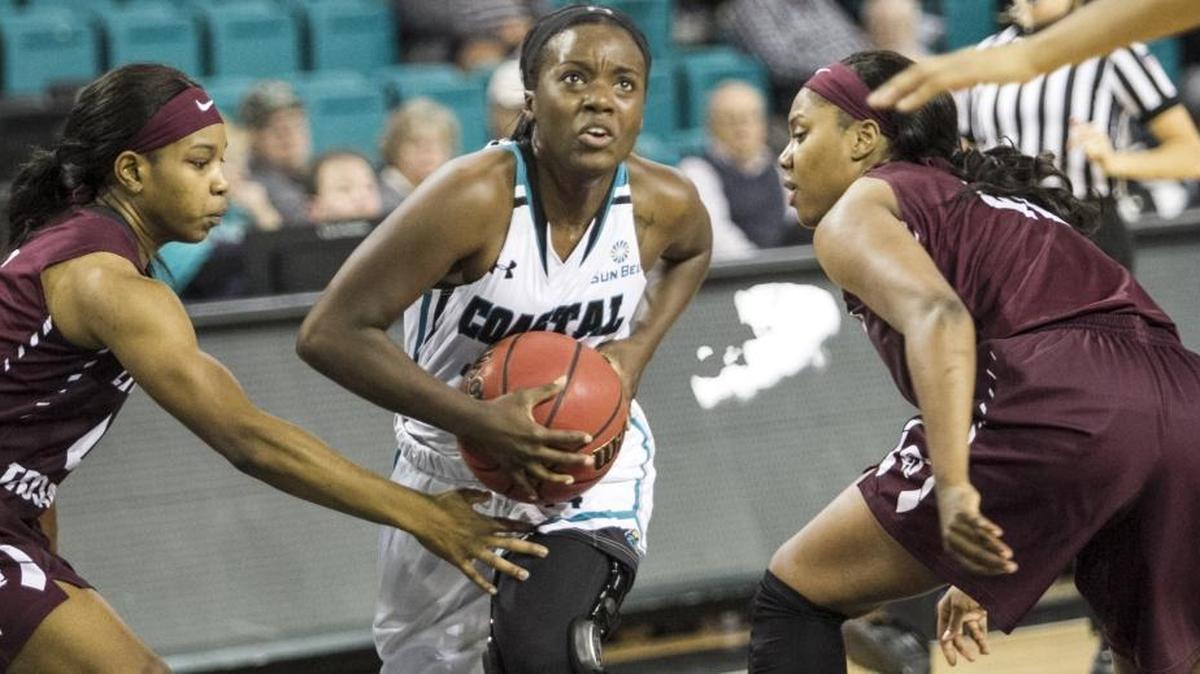 Coastal Carolina’s Ced Gibson drives to the basket during a game earlierthis season.