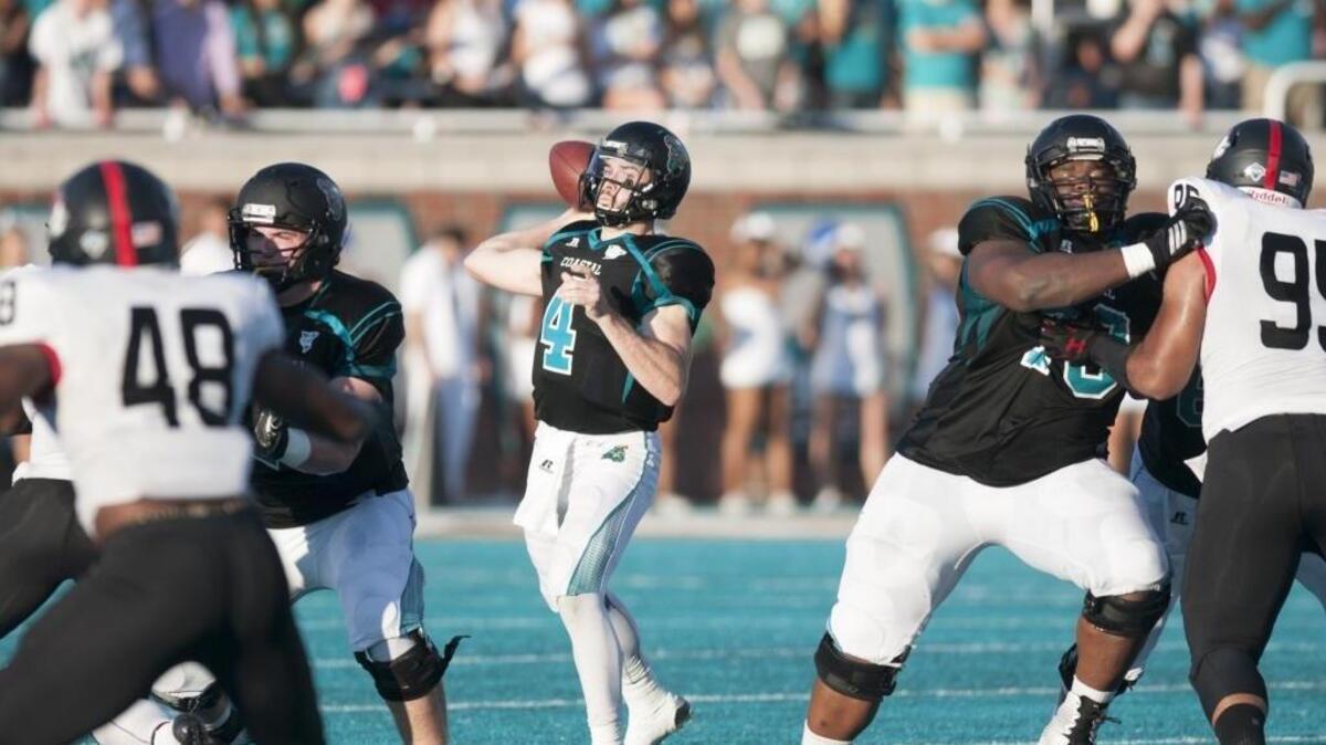 Coastal Carolina’s Alex Ross looks to pass against Gardner-Webb last week.
