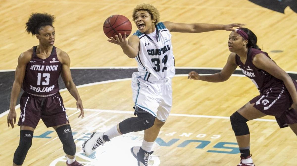 Coastal Carolina’s DJ Williams drives to the basket against Little Rock earlier this season.
