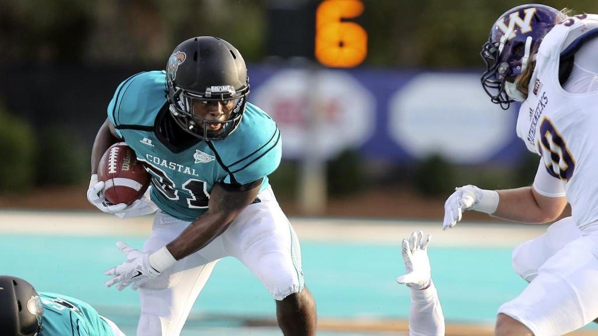 Coastal Carolina University's running back De'Angelo Henderson (above) and teammate Devin Brown were named to the STATS Football Championship Subsdivision (FCS) All-America team on Tuesday.