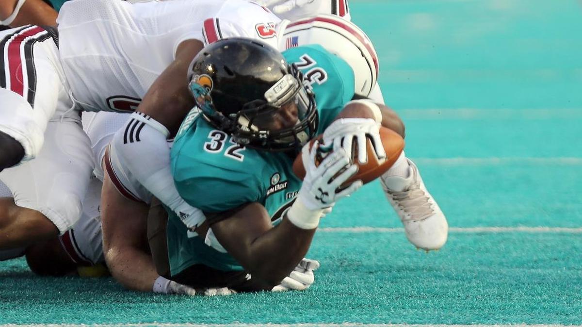 Coastal Carolina’s Osharmar Abercrombie gained 149 yards and scored two touchdowns on 17 carries against UMass in his first game as the Chants’ featured back.