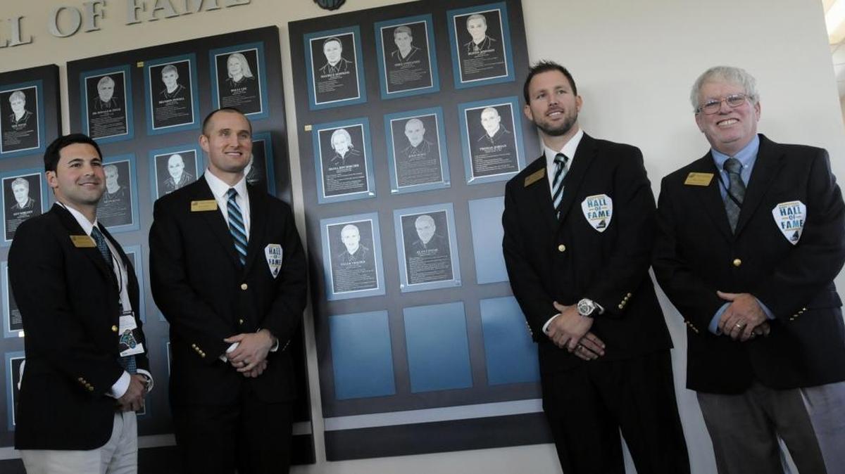 Coastal Carolina alums Thomas Jordan, Josh Hoke, Tyler Thigpen and Alan Connie following their induction into the George F. “Buddy” Sasser Athletic Hall of Fame in 2014. The former Coastal Carolina athletic director, for whom the school’s sports hall is named, will be inducted into the state Athletic Hall of Fame in May.