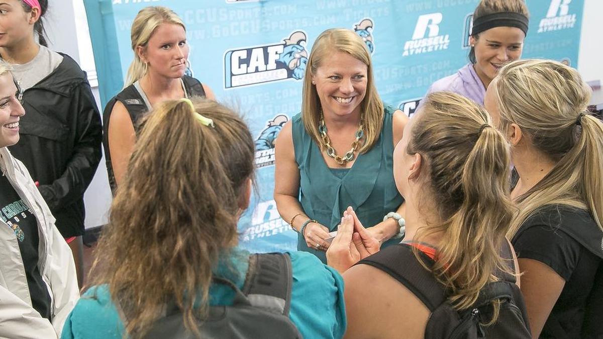 Former Coastal Carolina women’s lacrosse coach Kristen Selvage greeted members of her team following a press conference to announce her hiring in August 2015.