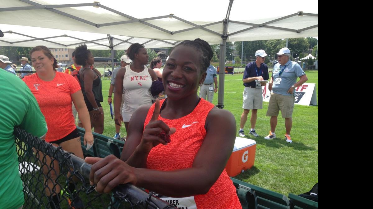
Coastal Carolina alumna Amber Campbell gestures No. 1 after winning the hammer throw at the U.S. Outdoor Track & Field Championships on Saturday.
