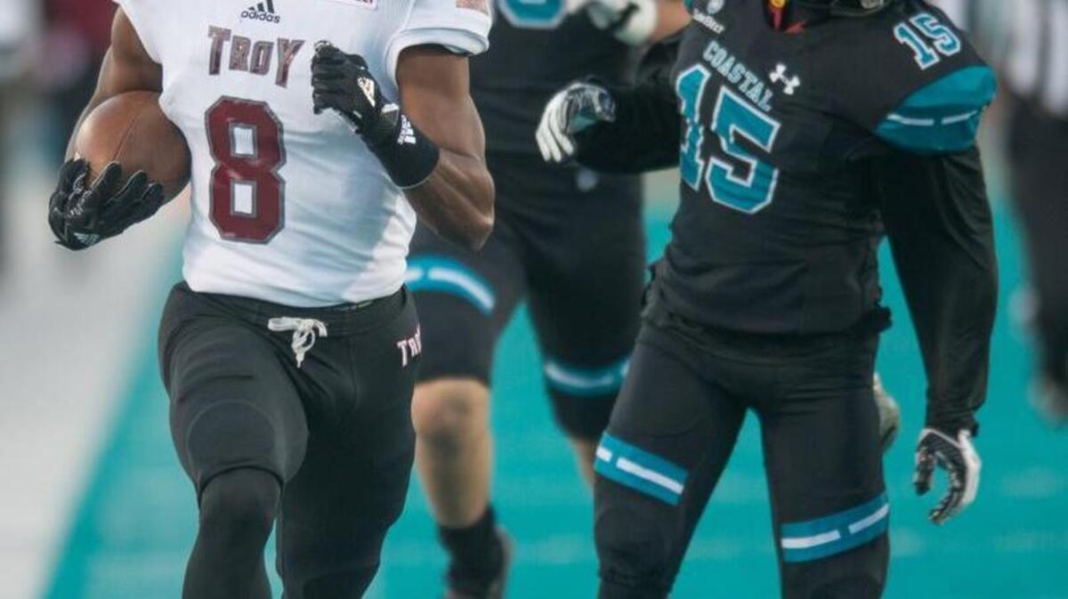 Troy’s Marcus Jones runs for one of his two touchdowns on kickoff returns, which tied an NCAA record, in the Trojans win over Coastal Carolina on Saturday, Nov. 11, 2017.