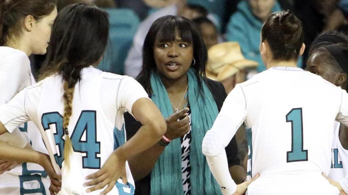 Coastal's Coach Jaida Williams talks to her team during a game last season. The Chanticleers tip-off the 2015-16 campaign tonight (Friday) against Mid-Atlantic Christian.
