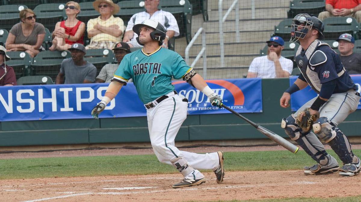 Coastal Carolina’s Michael Paez drops the bat before rounding the bases following his solo home run in the third inning Saturday.