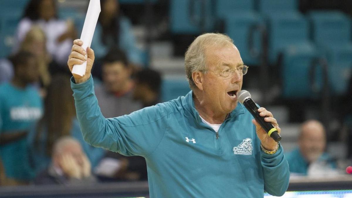 Coastal Carolina men's basketball coach Cliff Ellis speaks to the crowd at the HTC Center during the Hoopla event prior to the 2017-18 season. Ellis is entering his 12th season at CCU.