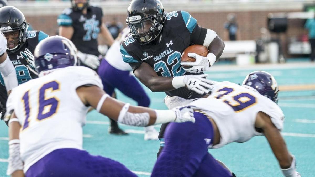 Coastal Carolina senior running back Osharmar Abercrombie (32) is now playing on three special teams units as the Chanticleers try to improve special teams performance.