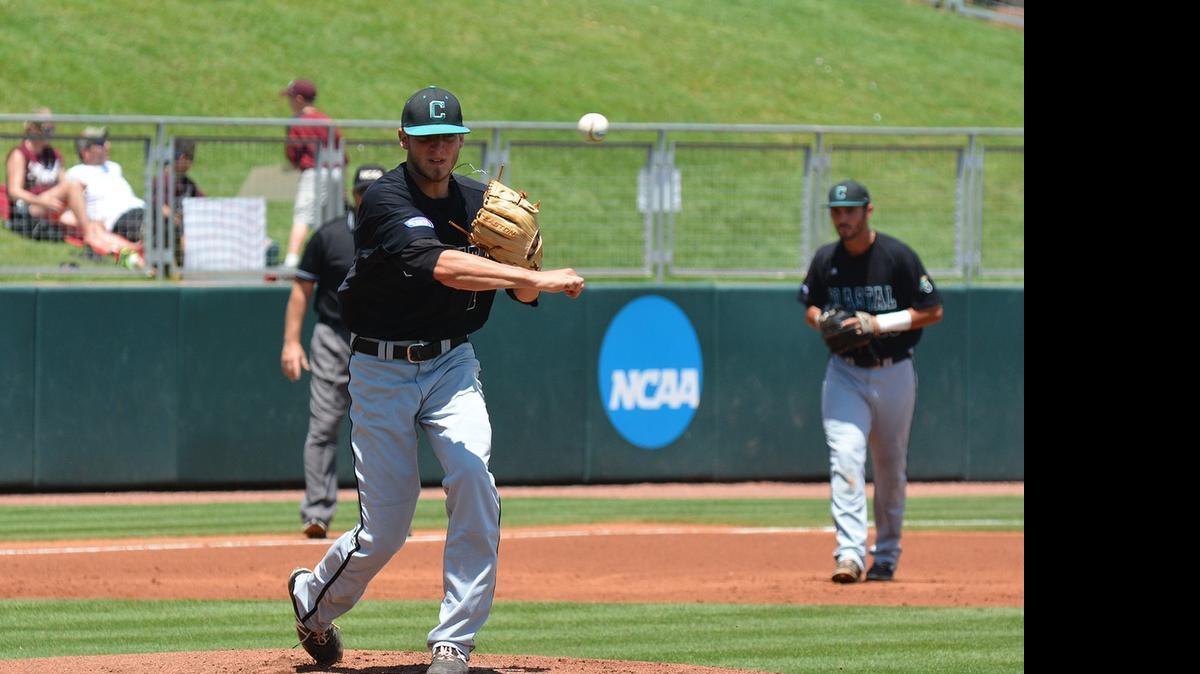 
Coastal Carolina pitcher Andrew Beckwith throws to first base in a game against Texas Southern in the College Station NCAA baseball regional. 
