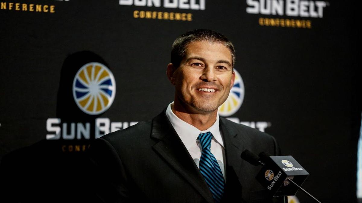 Coastal Carolina offensive coordinator and associate head coach Jamey Chadwell speaks during Sun Belt media day Monday.