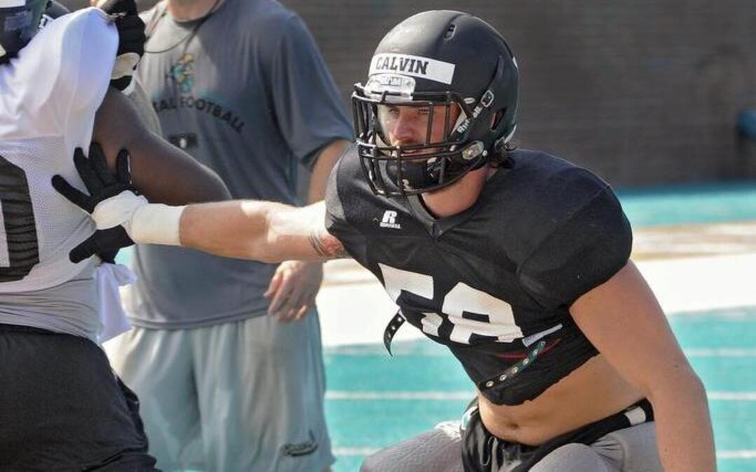 
Coastal Carolina senior defensive end Calvin Hollenhorst works during Wednesday’s practice at Brooks Stadium.
