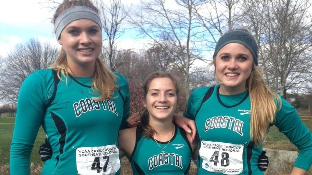 Coastal Carolina’s Kyla van Graan (right) and Letitia Saayman (center) are shown with Aynslee van Graan. The van Graan sisters are expected to lead the way for the women’s cross country team as Saayman has graduated.