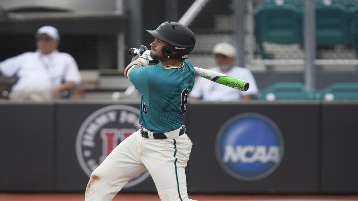 Coastal Carolina’s Tyler Chadwick (8) looks on after making solid contact against Stetson in a recent game.