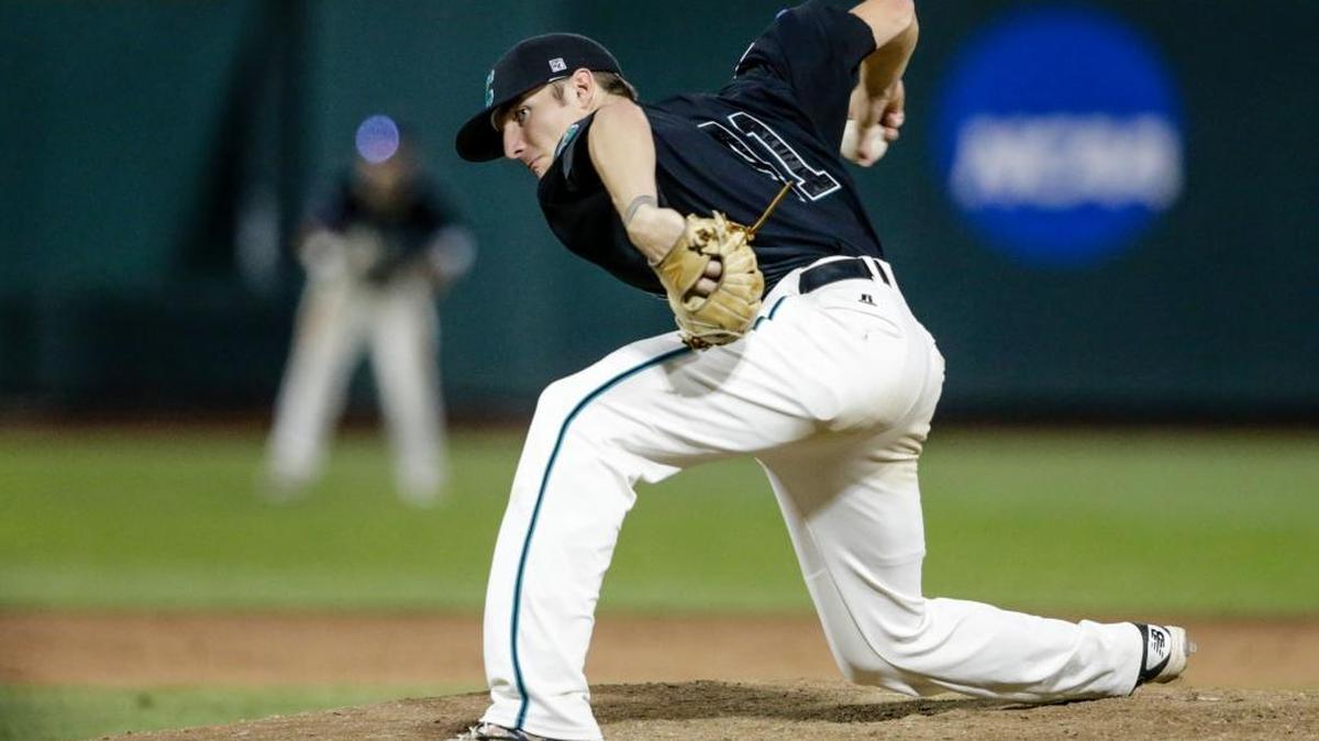 Coastal Carolina’s Andrew Beckwith pitches during the eighth inning of a College World Series game against TCU last month.