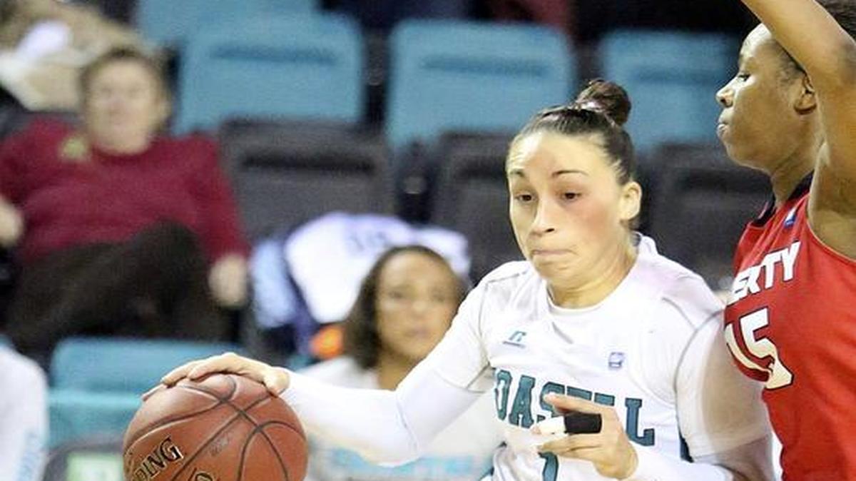 Coastal Carolina’s A.J. Jordan (1) competes against Liberty during her senior year in January 2015. Jordan is returning to CCU as an assistant women’s coach.