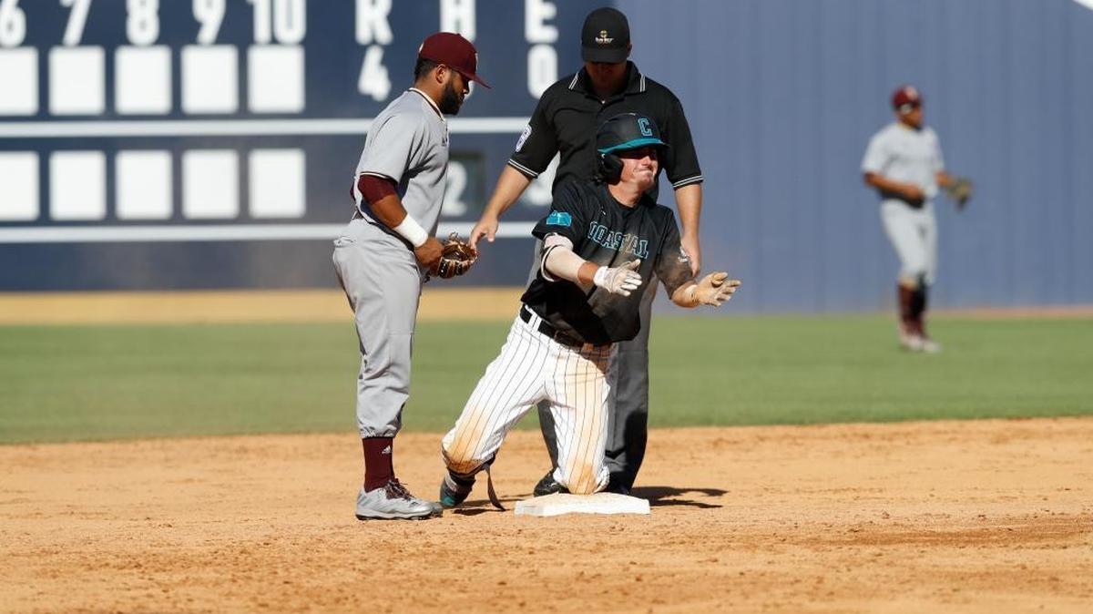 Jordan Gore is safe on second base following a double Friday in Coastal Carolina’s 7-5 loss to Texas State in the Sun Belt Conference Baseball Championship in Statesboro, Ga. Gore and his teammates were not selected to participate in the NCAA Tournament.