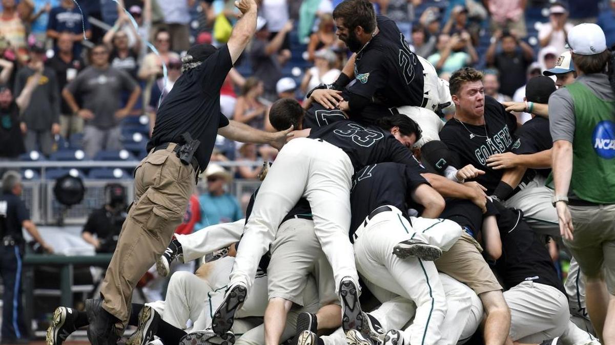 Coastal Carolina players celebrate their 4-3 victory over Arizona to win the national championship last month. The game also brought to a close reporter Ryan Young’s time covering CCU athletics for The Sun News.