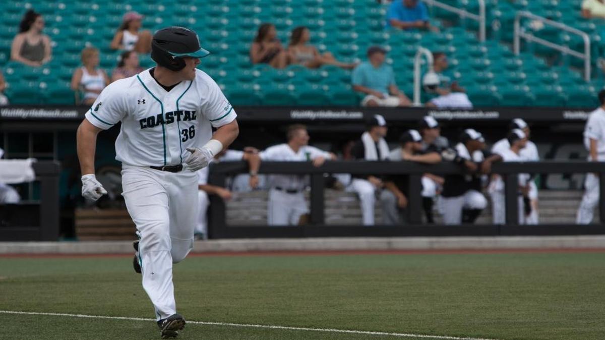 CCU’s Kyle Skeels hit one of his 20 collegiate home runs in a game on May 19, 2017.