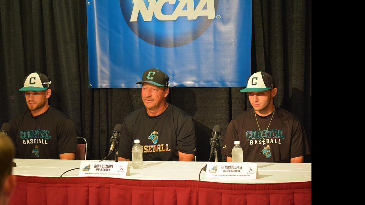
From left: 2nd baseman Tyler Chadwick, coach Gary Gilmore and shortstop Michael Paez speak at a press conference in advance of their NCAA regional game against California at Texas A&M.
