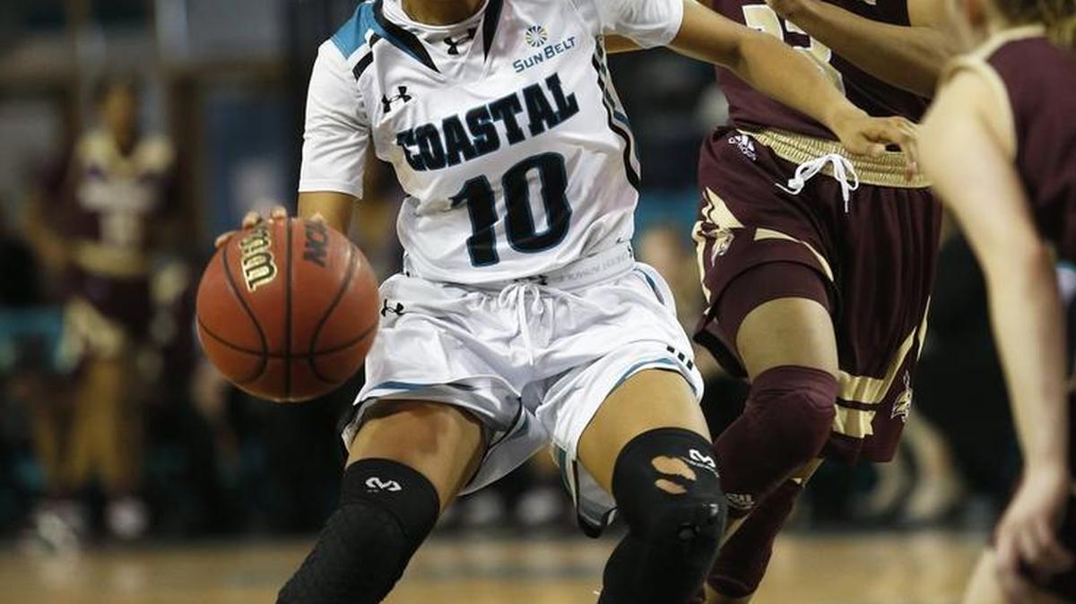 Coastal Carolina guard Jas Adams (10) drives to the basket against Texas State Sunday during action at the HTC Center in Conway.