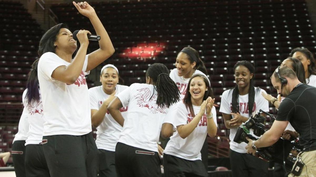 Tina Roy and the Gamecocks dance and sing during the NCAA watch party at the Colonial Life Arena on Monday. The Gamecocks were selected as the No. 1 seed in the Sioux Falls regional.