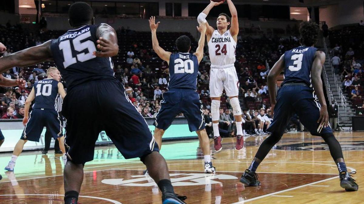 South Carolina's Michael Carrera (24) takes a shot while playing Oral Roberts University during the second half of action in the Colonial Life Arena. Carolina won, 84-66. 11/16/15