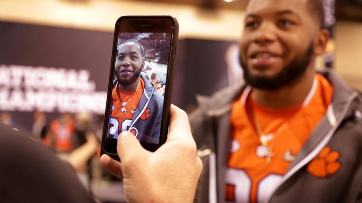Clemson Tigers defensive end Kevin Dodd (98) does an interview during Media Day at the Phoenix Convention Center in downtown Phoenix, AZ, Saturday, January 9, 2015.