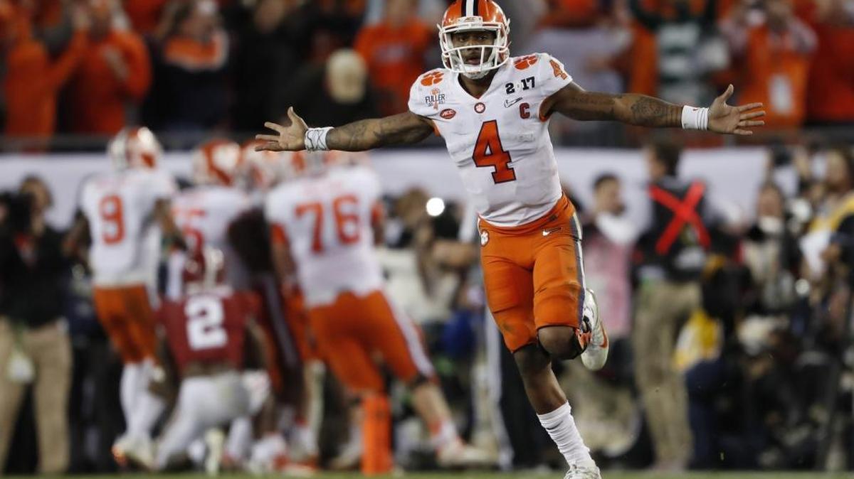 Clemson’s Deshaun Watson celebrates a last-second touchdown pass to Hunter Renfrow against Alabama in the College Football Playoff National Championship game, which the Tigers won 35-31.