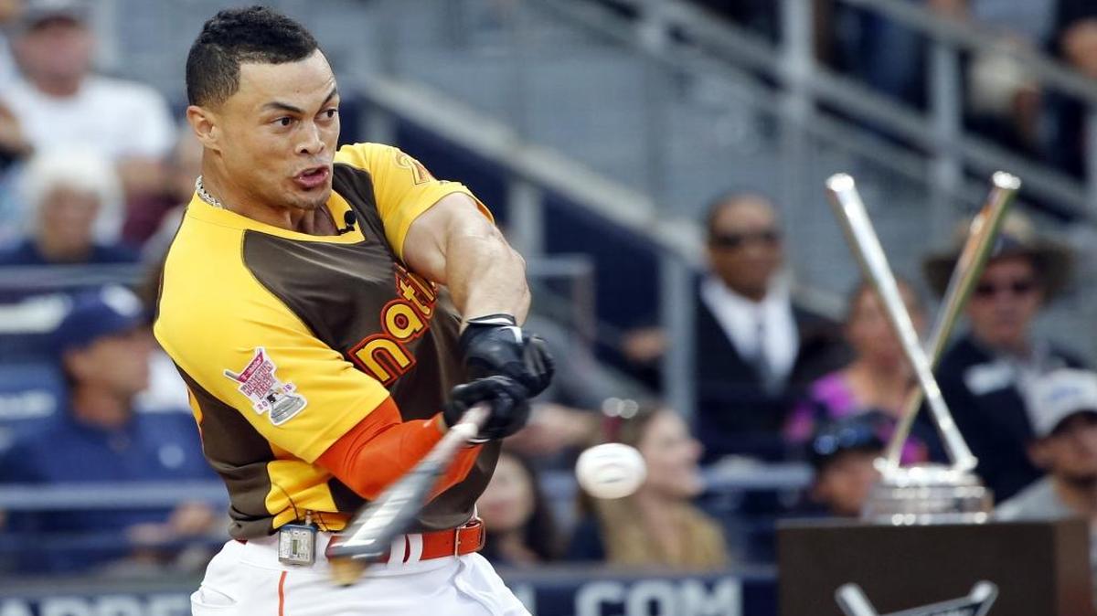 The National League’s Giancarlo Stanton, of the Miami Marlins, hits during the 2016 Home Run Derby last June.