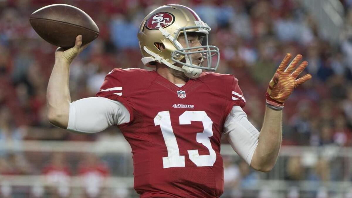 September 3, 2015; Santa Clara, CA, USA; San Francisco 49ers quarterback Dylan Thompson (13) passes the football against the San Diego Chargers during the first quarter in a preseason game at Levi's Stadium. Mandatory Credit: Kyle Terada-USA TODAY Sports